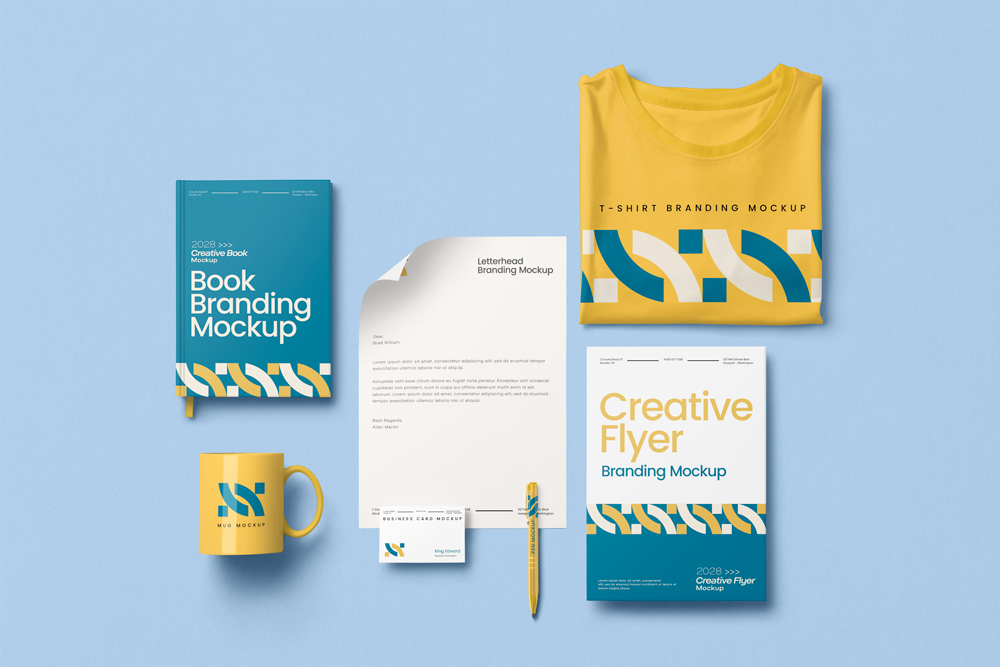 Branding mockup showing a brand identity system applied across print materials