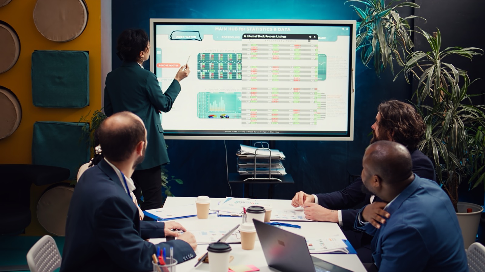 Team in a meeting reviewing data displayed on a large screen presentation