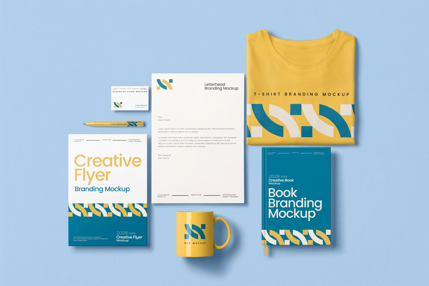 A flat-lay of branded stationery and merchandise mockups, including a letterhead, business card, t-shirt, mug, and hardcover book