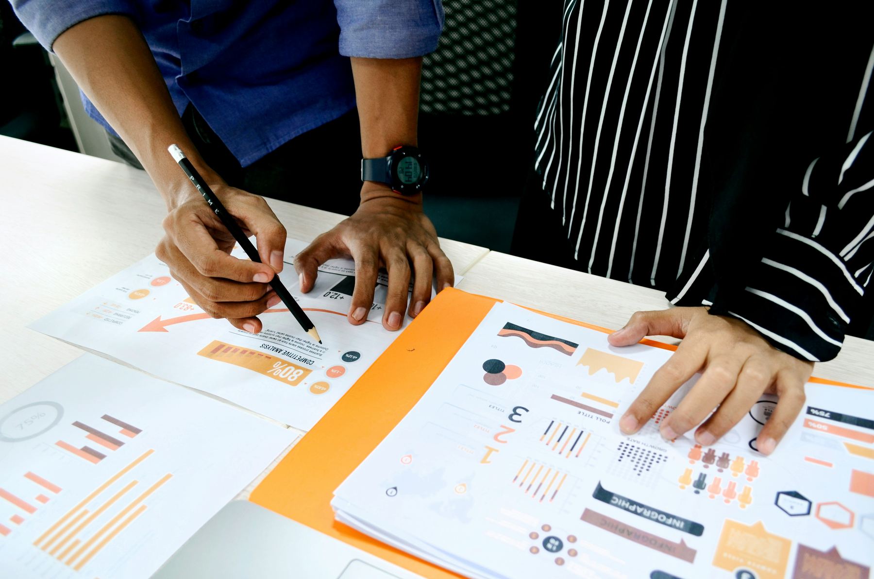 Two people reviewing a competitive analysis printout and charts on a desk