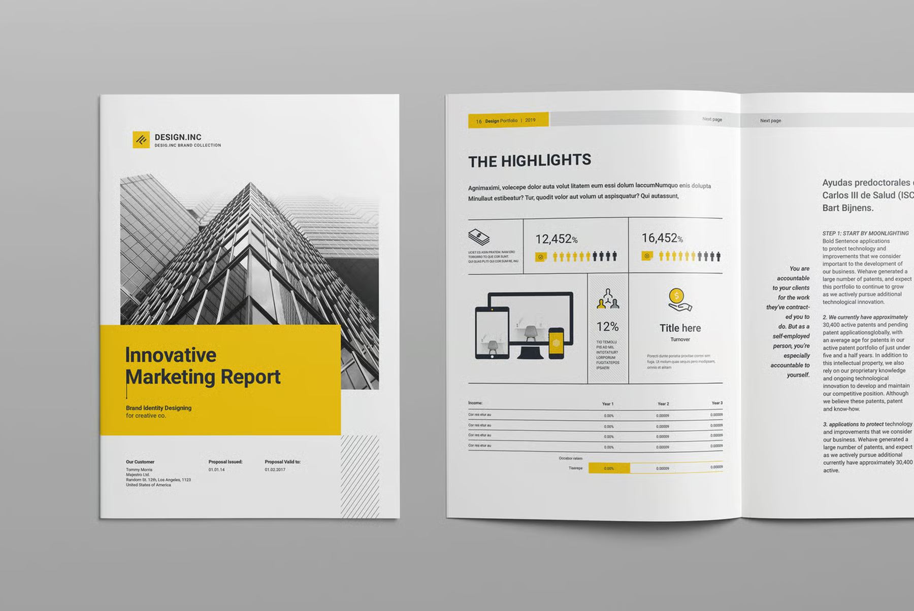 An open report cover and inside spread showing a title page and data charts