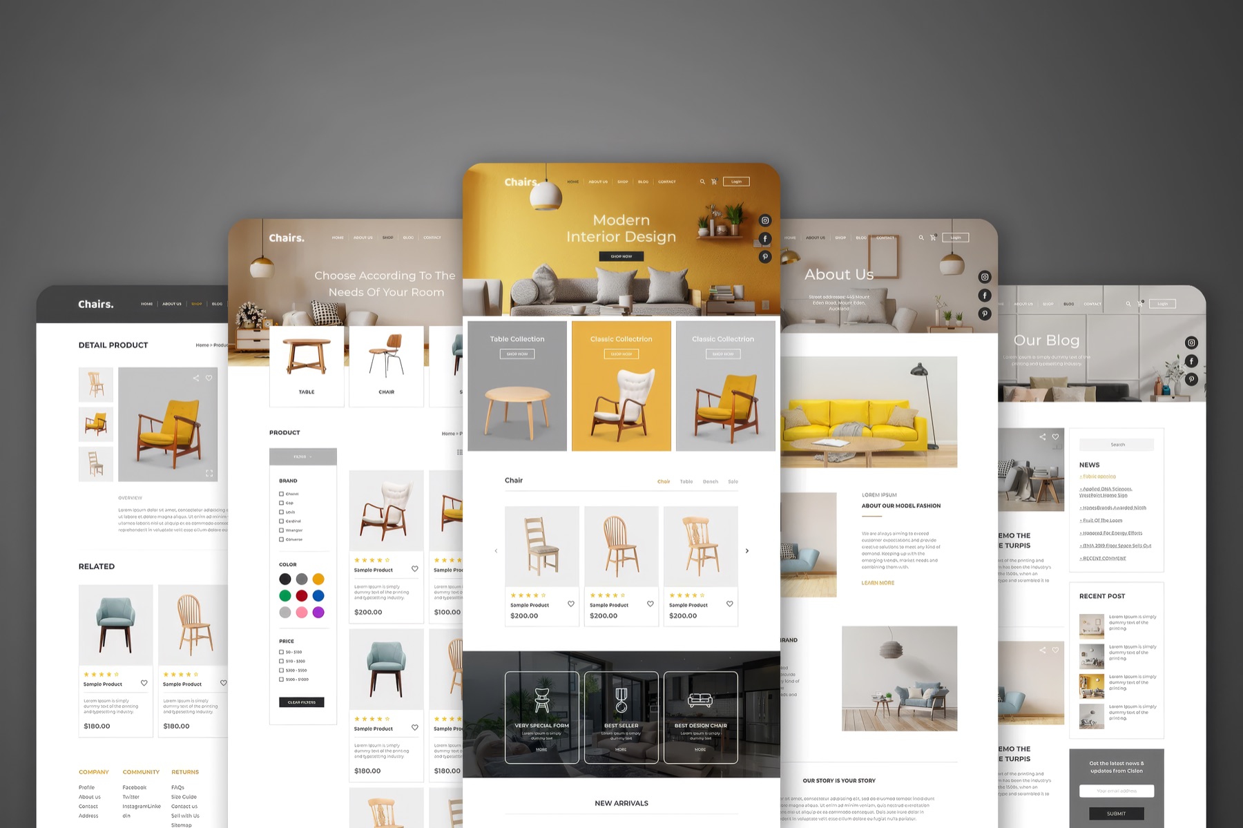 A collage of website page mockups for a furniture brand, shown layered on a gray background