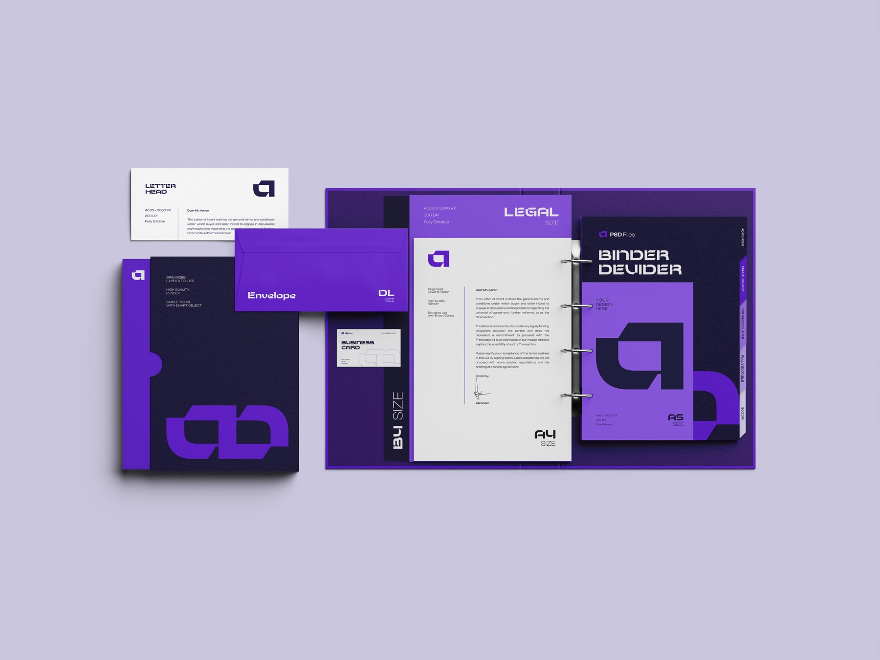 A branded stationery system shown across a letterhead, envelope, business card, and binder divider
